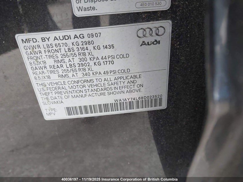 WA1AY74L68D023520 2008 AUDI Q7 photo no. 9