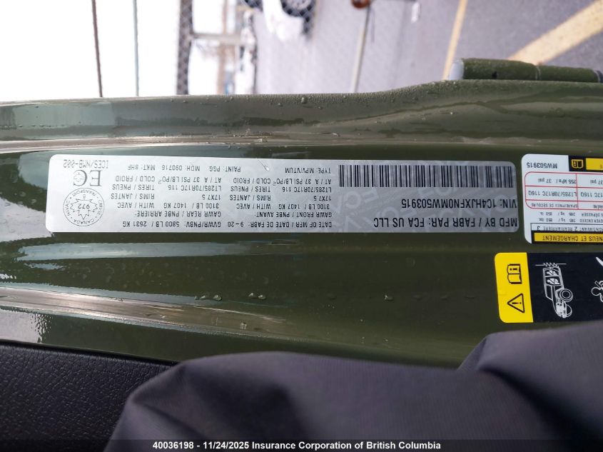 2021 Jeep Wrangler Unlimited Rubicon VIN: 1C4HJXFN0MW503915 Lot: 40036198