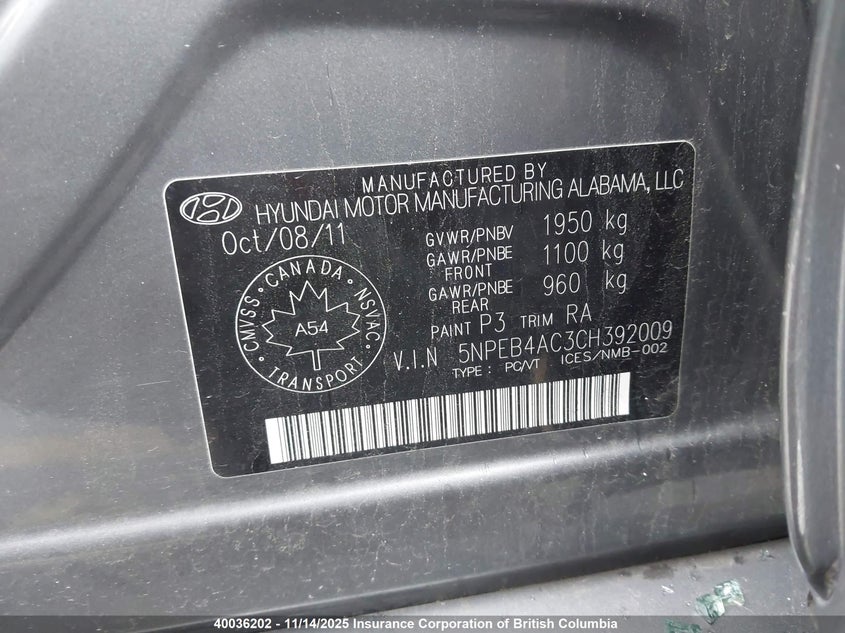 2012 Hyundai Sonata Gls VIN: 5NPEB4AC3CH392009 Lot: 40036202