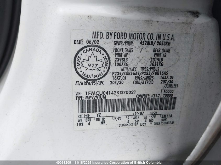 2002 Ford Escape Xlt VIN: 1FMCU04142KD70021 Lot: 40036209