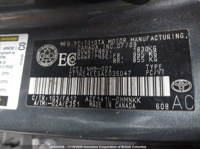 2010 Toyota Corolla Matrix S VIN: 2T1KE4EE5AC035047 Lot: 40036239