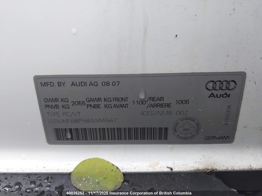 2008 Audi A3 VIN: WAUHF68P58A044567 Lot: 40036252