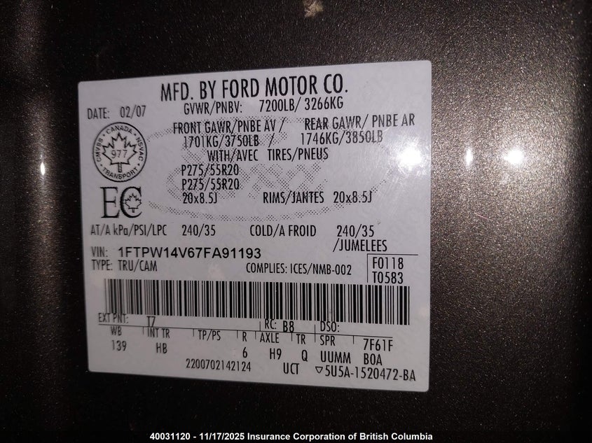 1FTPW14V67FA91193 2007 FORD F-150 photo no. 9