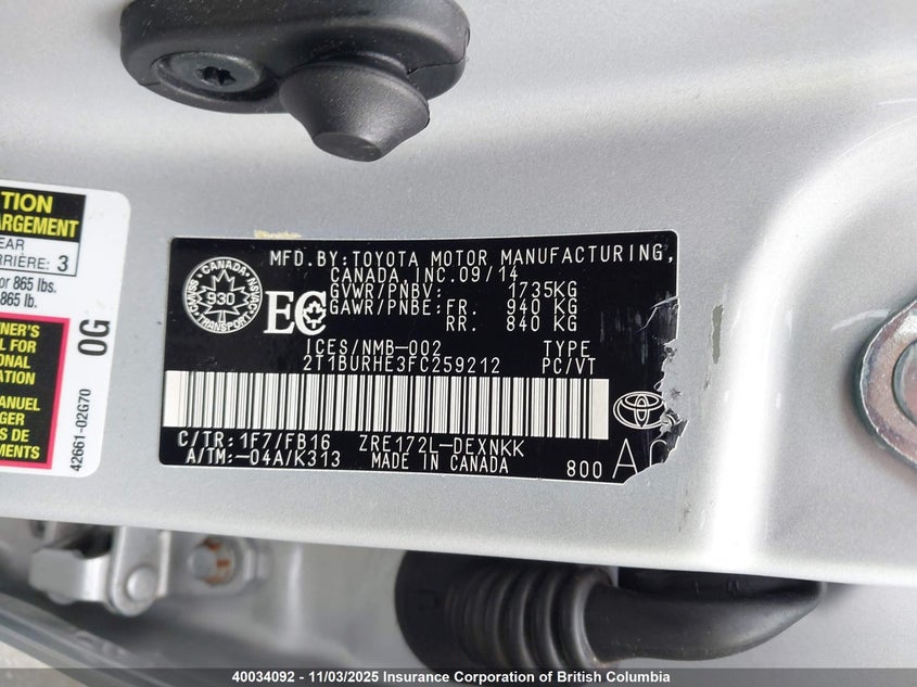 2T1BURHE3FC259212 2015 TOYOTA COROLLA photo no. 9