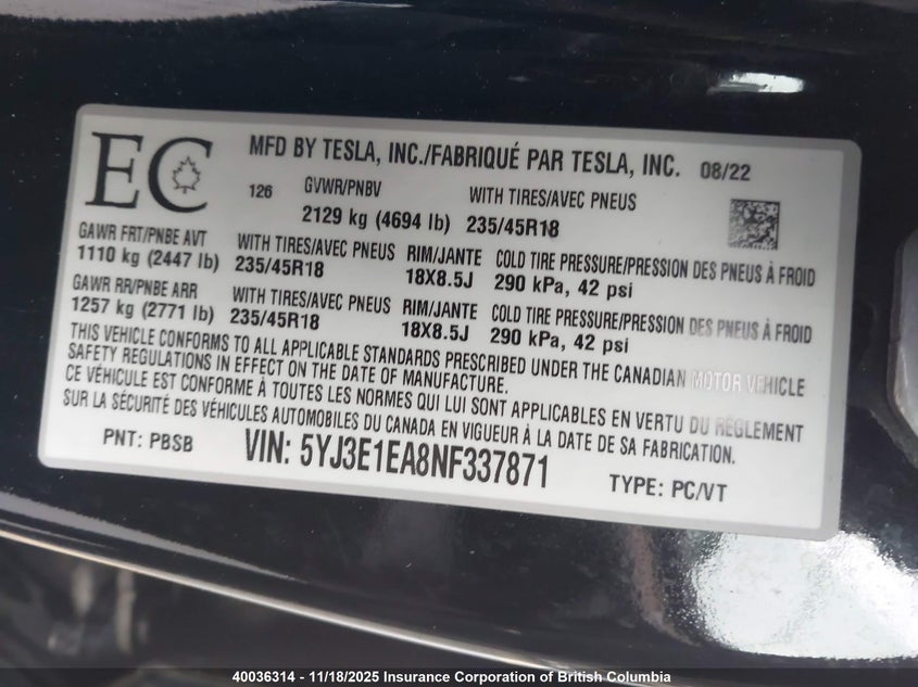 5YJ3E1EA8NF337871 2022 TESLA MODEL 3 photo no. 18