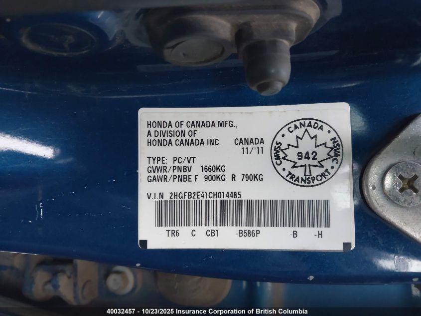 2012 Honda Civic Lx VIN: 2HGFB2E41CH014485 Lot: 40032457