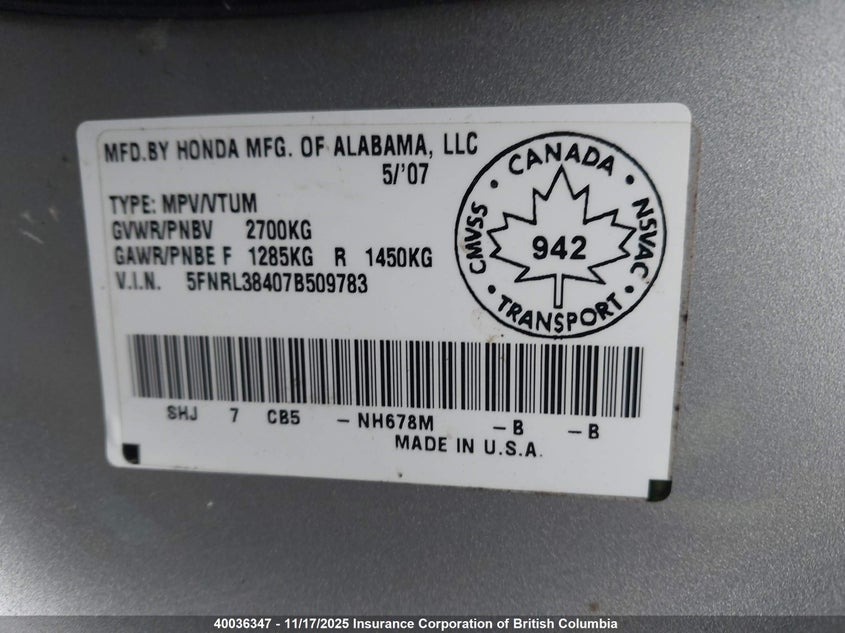 5FNRL38407B509783 2007 HONDA ODYSSEY photo no. 9