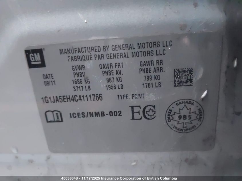 2012 Chevrolet Sonic VIN: 1G1JA5EH4C4111766 Lot: 40036348