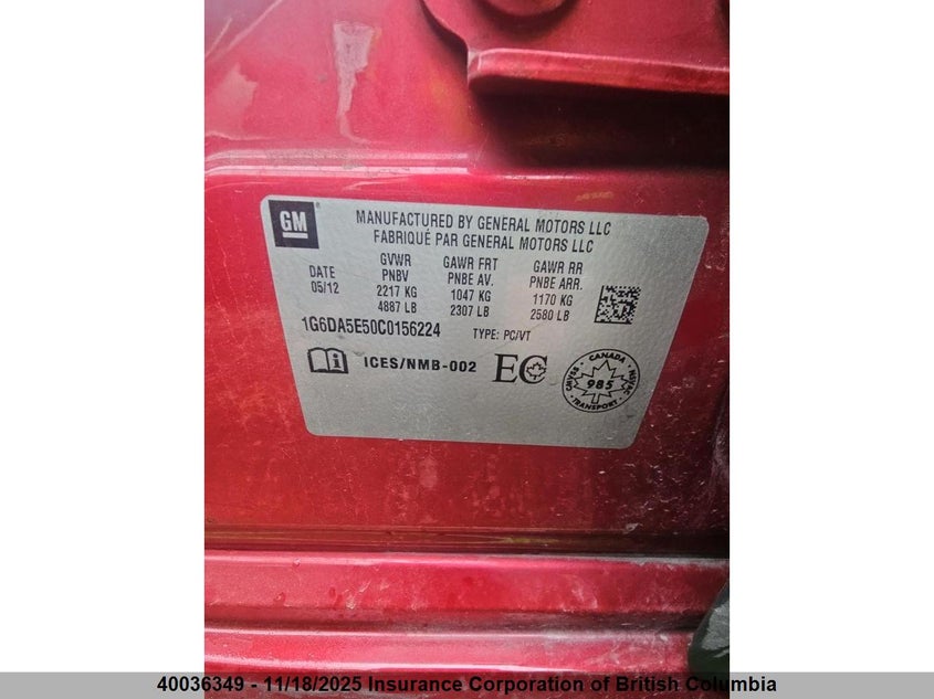 2012 Cadillac Cts VIN: 1G6DA5E50C0156224 Lot: 40036349