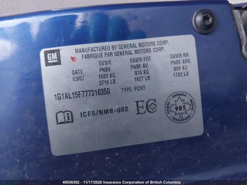 2007 Chevrolet Cobalt Lt VIN: 1G1AL15F777310350 Lot: 40036382