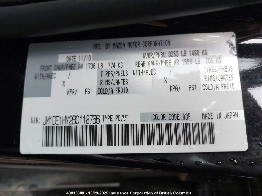 2011 Mazda Mazda2 VIN: JM1DE1HY2B0118766 Lot: 40033388