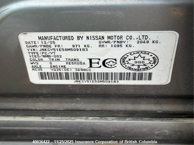 2006 Infiniti G35 VIN: JNKCV51E56M509183 Lot: 40036422