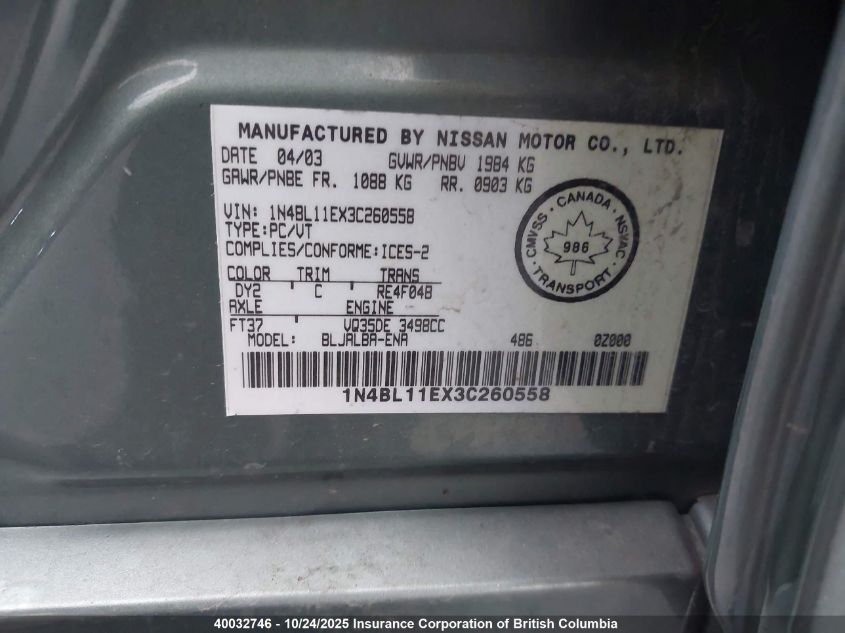 2003 Nissan Altima 3.5 Se VIN: 1N4BL11EX3C260558 Lot: 40032746