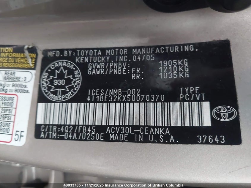 4T1BE32KX5U070370 2005 TOYOTA CAMRY photo no. 9