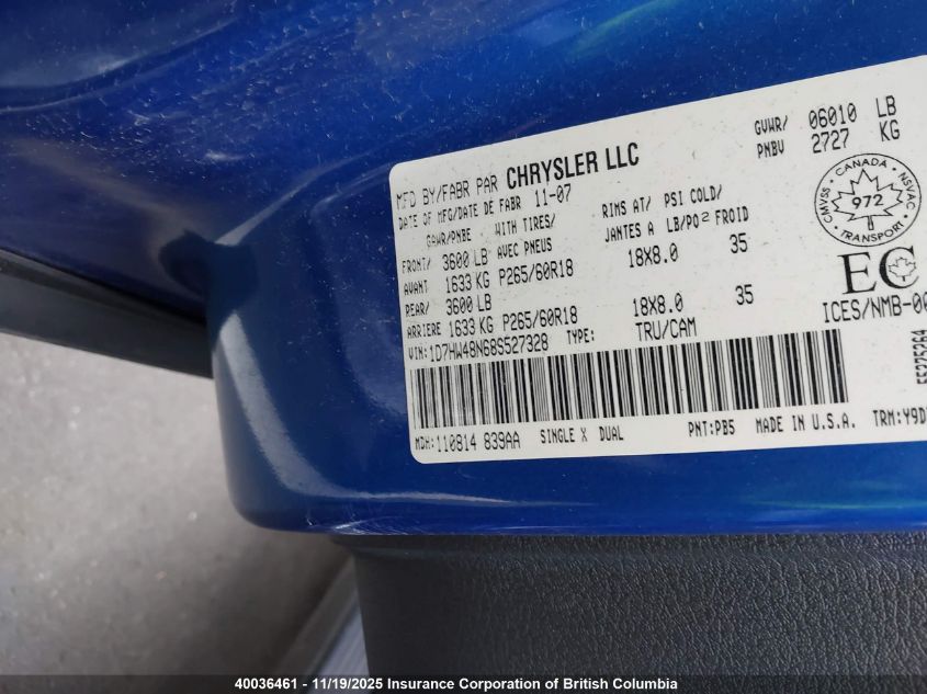 2008 Dodge Dakota Quad Slt VIN: 1D7HW48N68S527328 Lot: 40036461