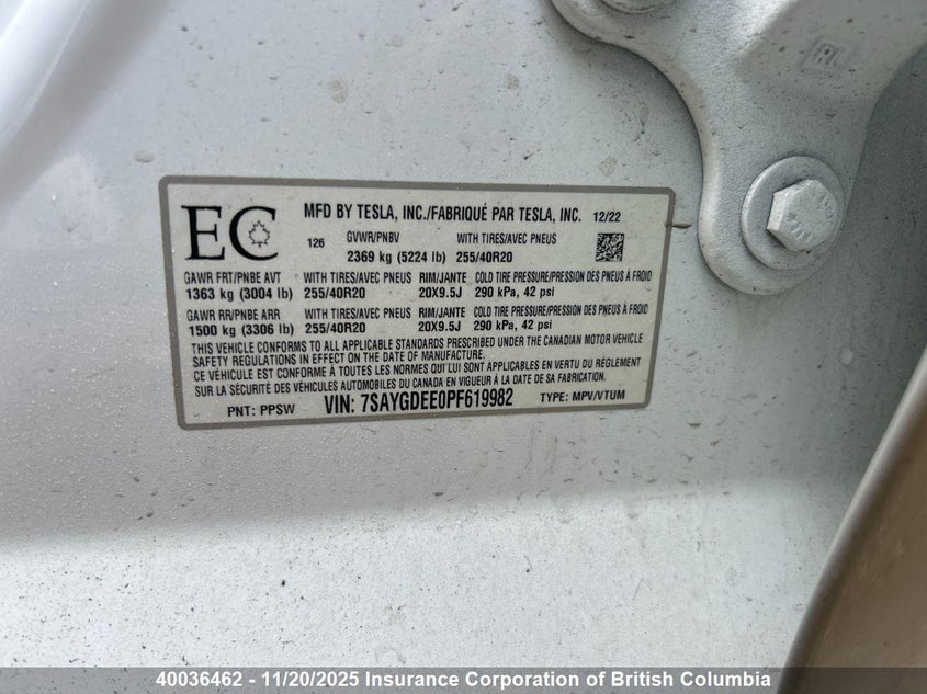 7SAYGDEE0PF619982 2023 TESLA MODEL Y photo no. 5