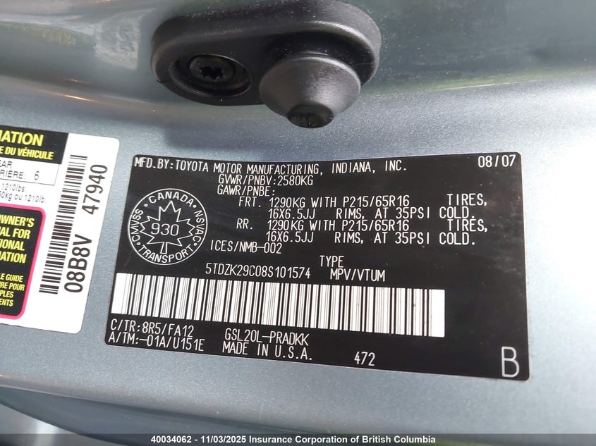 5TDZK29C08S101574 2008 TOYOTA SIENNA photo no. 9