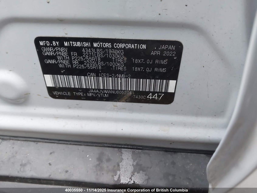 2022 Mitsubishi Rvr Se/Sel/Le/Gt VIN: JA4AJVAWXNU605204 Lot: 40035550