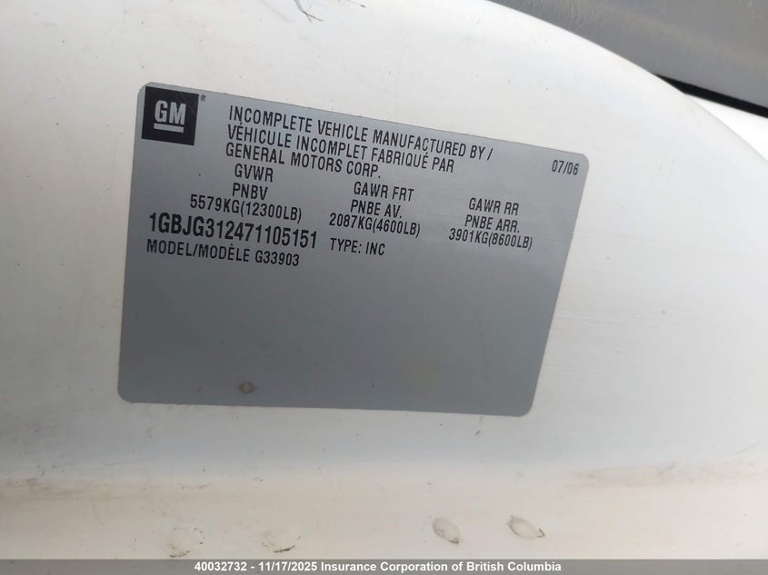 2007 Chevrolet Express G3500 VIN: 1GBJG312471105151 Lot: 40032732