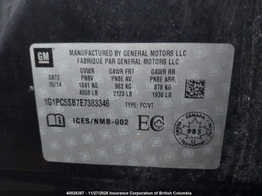 2014 Chevrolet Cruze Lt VIN: 1G1PC5SB7E7383346 Lot: 40028387