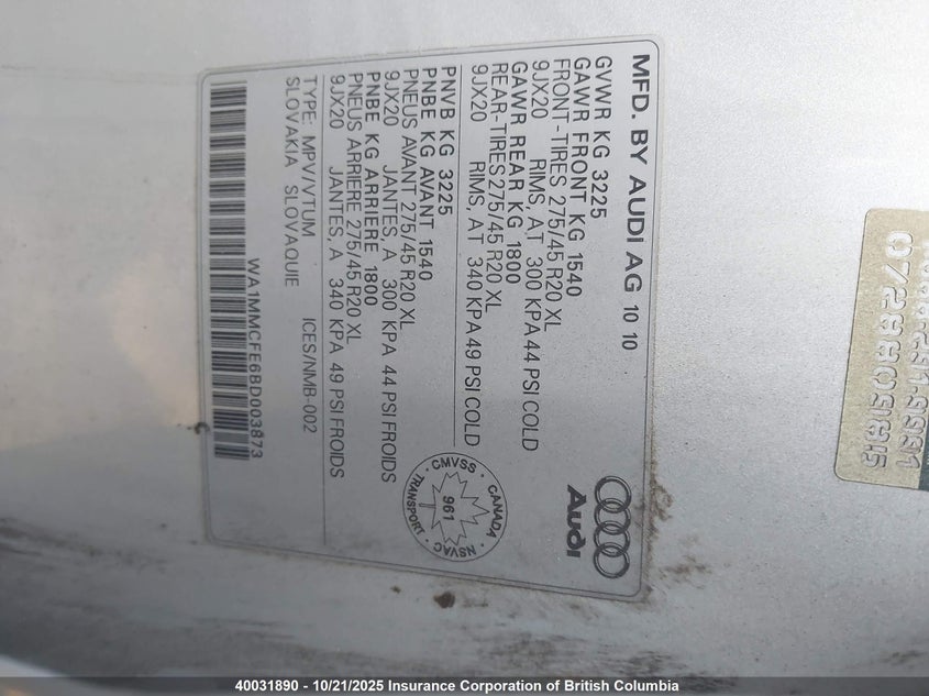 WA1MMCFE6BD003873 2011 AUDI Q7 photo no. 9