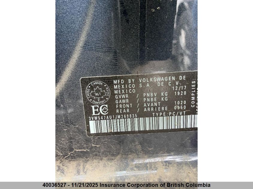 2018 Volkswagen Gti VIN: 3VW547AU1JM269835 Lot: 40036527