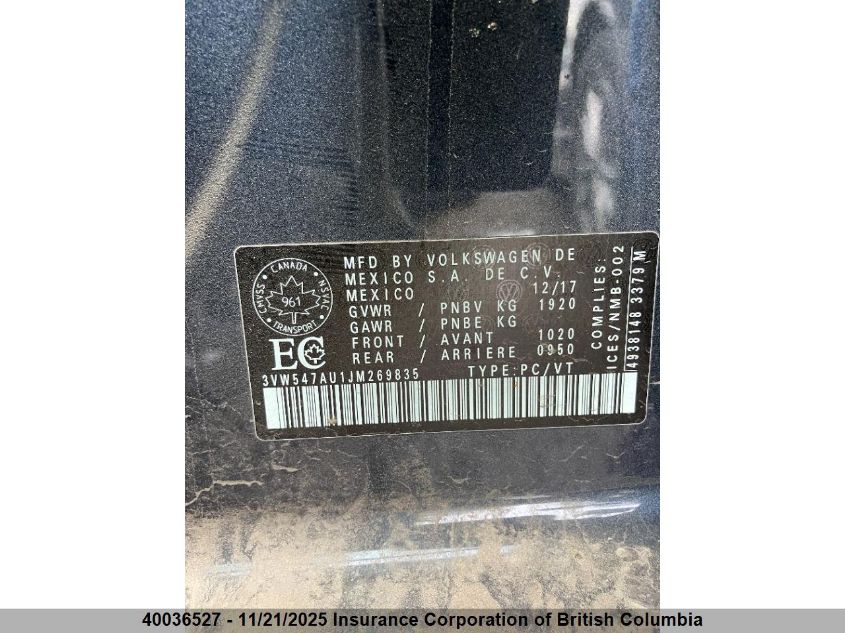 2018 Volkswagen Gti VIN: 3VW547AU1JM269835 Lot: 40036527