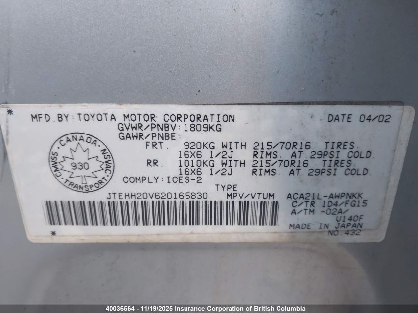 2002 Toyota Rav4 VIN: JTEHH20V620165830 Lot: 40036564