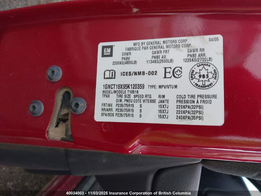 2005 Chevrolet Blazer VIN: 1GNCT18X95K120359 Lot: 40034003