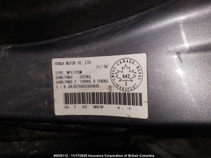 2005 Honda Cr-V Se/Ex VIN: JHLRD78985C804885 Lot: 40035112