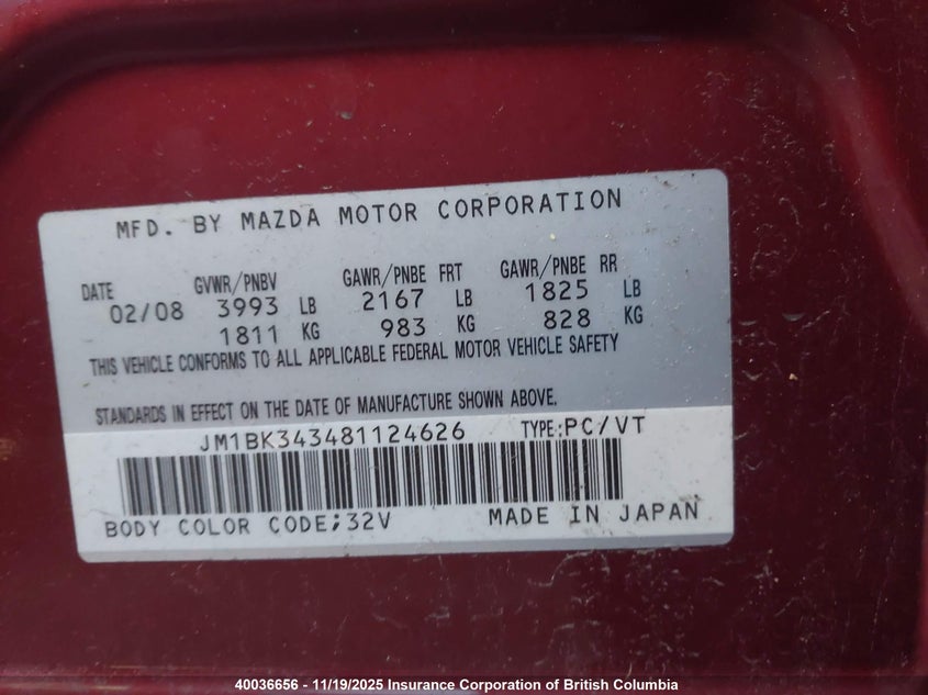 JM1BK343481124626 2008 MAZDA 3 photo no. 9