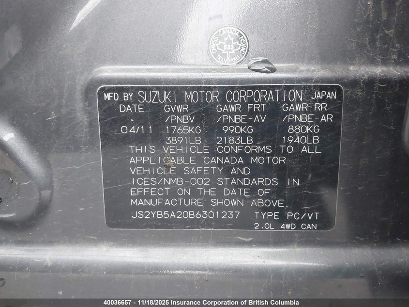 JS2YB5A20B6301237 2011 SUZUKI SX4 photo no. 9