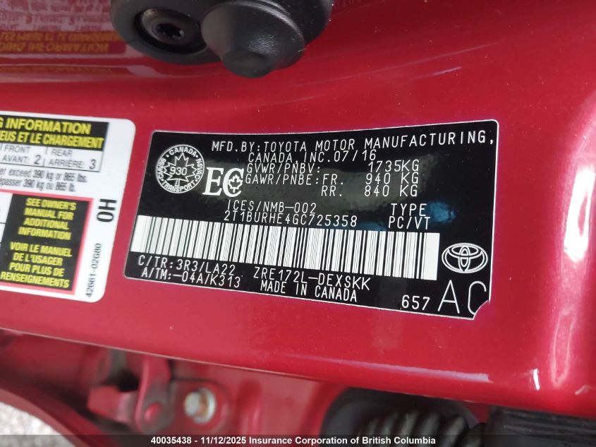 2016 Toyota Corolla L/Le/Le Pls/Prm/S/S Pls VIN: 2T1BURHE4GC725358 Lot: 40035438