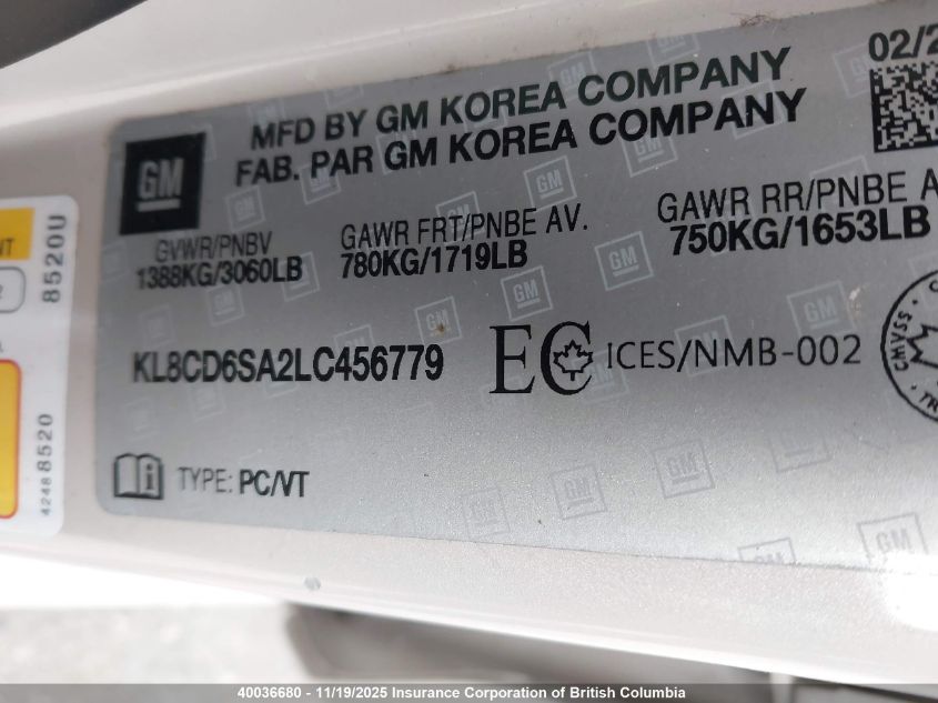 2020 Chevrolet Spark VIN: KL8CD6SA2LC456779 Lot: 40036680