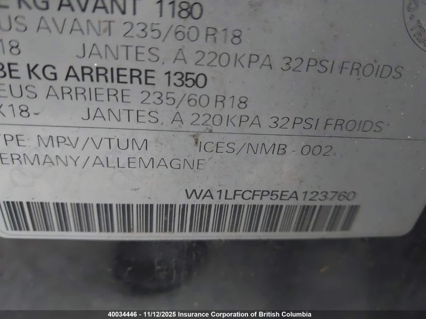 2014 Audi Q5 Premium Plus VIN: WA1LFCFP5EA123760 Lot: 40034446