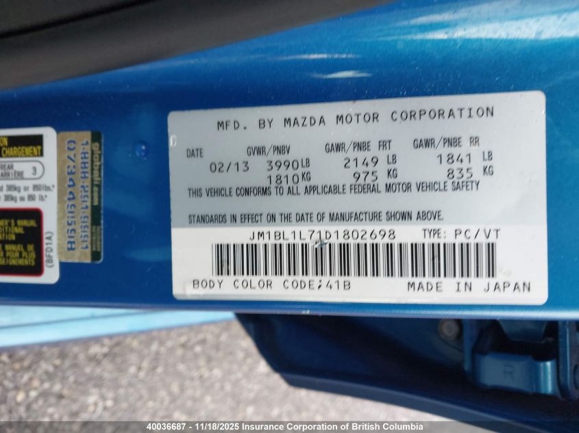 2013 Mazda 3 I VIN: JM1BL1L71D1802698 Lot: 40036687