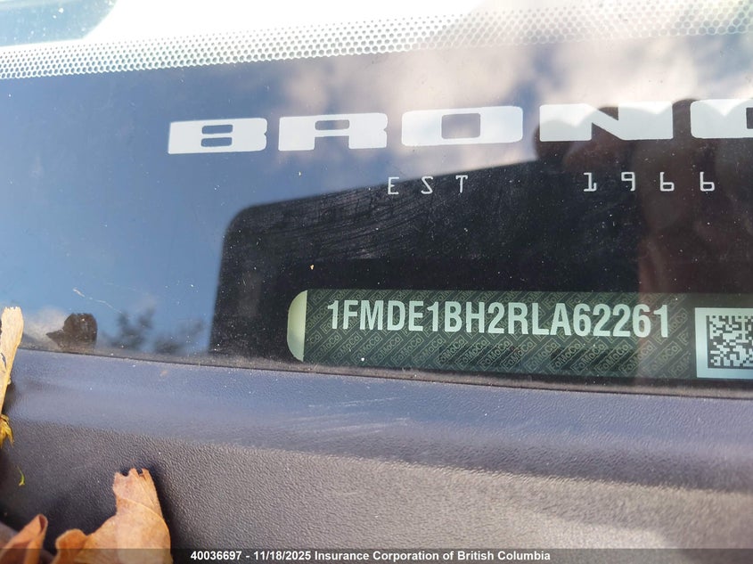 2024 Ford Bronco Black Diamond VIN: 1FMDE1BH2RLA62261 Lot: 40036697