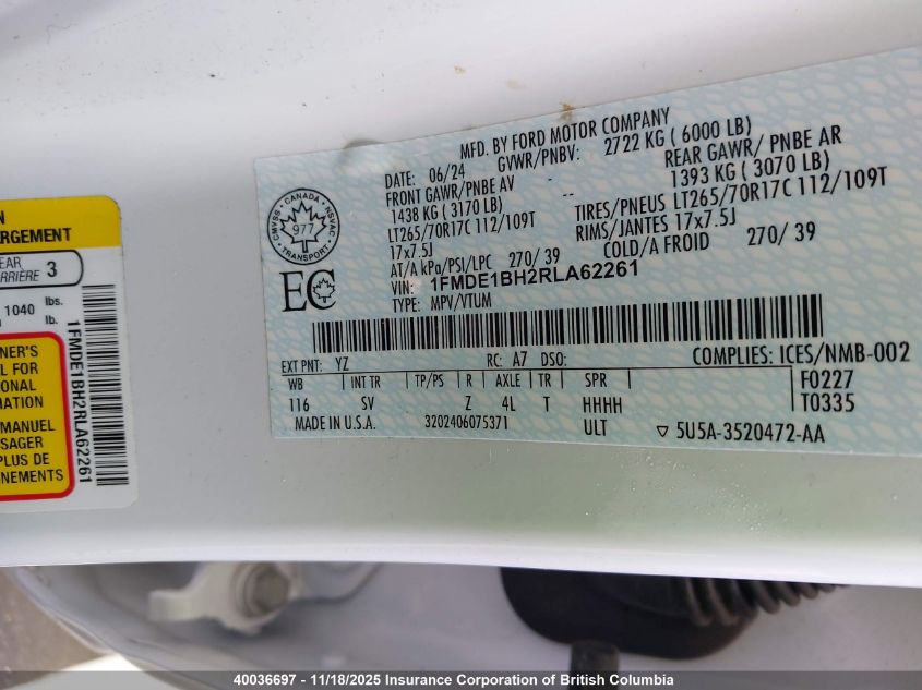 2024 Ford Bronco Black Diamond VIN: 1FMDE1BH2RLA62261 Lot: 40036697