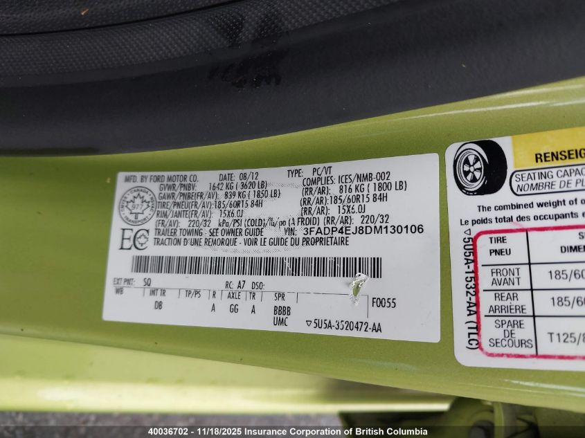 2013 Ford Fiesta Se VIN: 3FADP4EJ8DM130106 Lot: 40036702