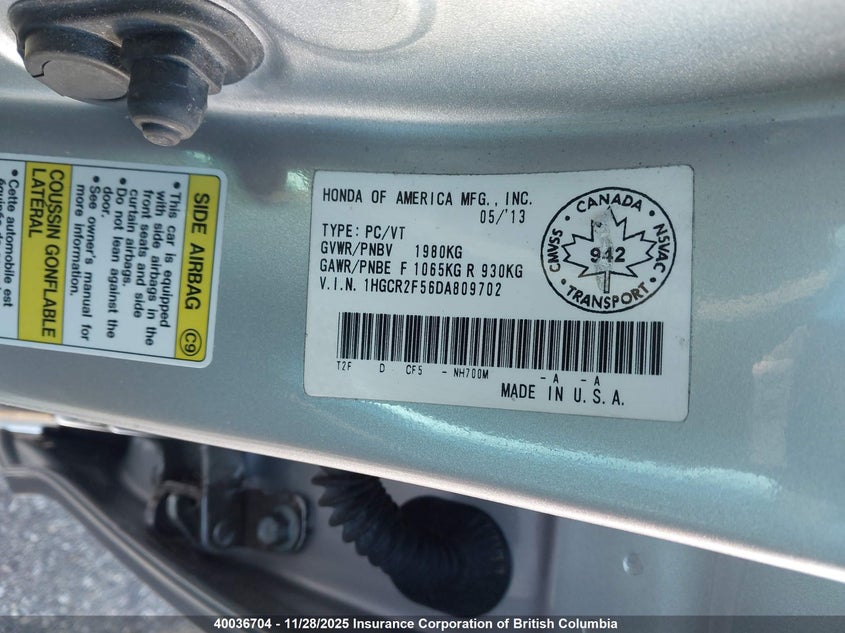 2013 Honda Accord Sport VIN: 1HGCR2F56DA809702 Lot: 40036704