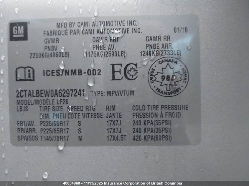 2010 GMC Terrain Sle VIN: 2CTALBEW0A6297241 Lot: 40034960