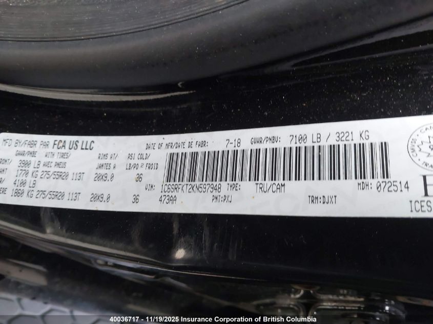 2019 Ram 1500 Longhorn VIN: 1C6SRFKT2KN597948 Lot: 40036717