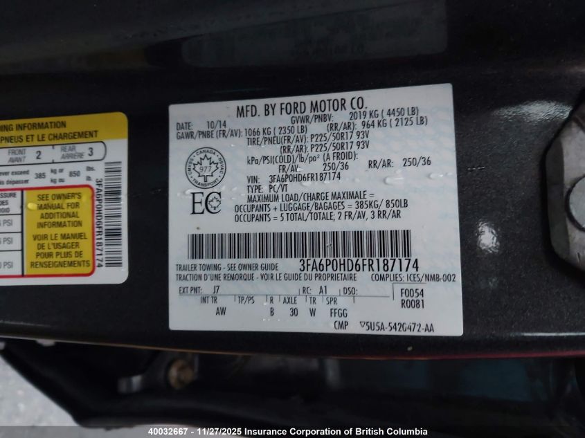 2015 Ford Fusion Se VIN: 3FA6P0HD6FR187174 Lot: 40032667