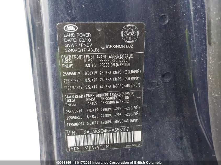 2011 Land Rover Lr4 Hse Luxury VIN: SALAK2D45BA553157 Lot: 40036355