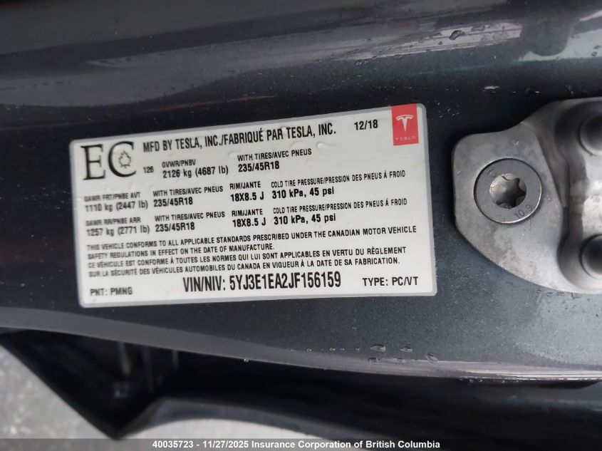 2018 Tesla Model 3 VIN: 5YJ3E1EA2JF156159 Lot: 40035723