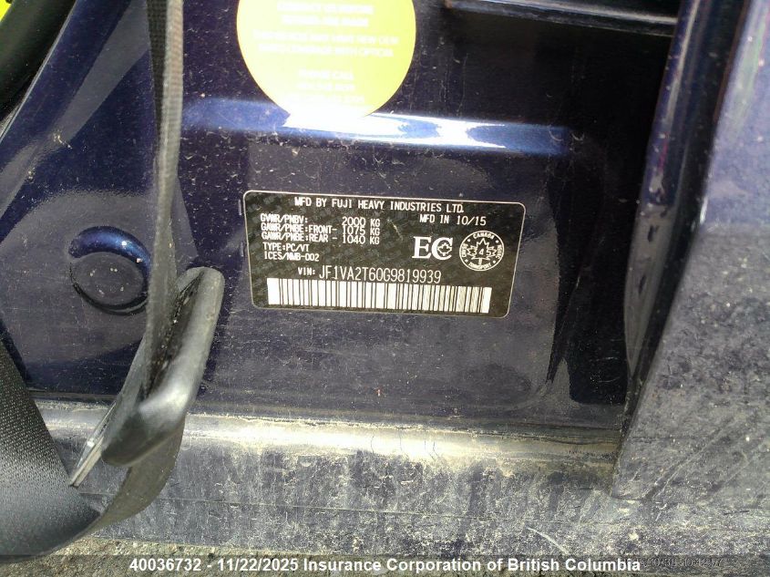 2016 Subaru Wrx Sti Limited VIN: JF1VA2T60G9819939 Lot: 40036732