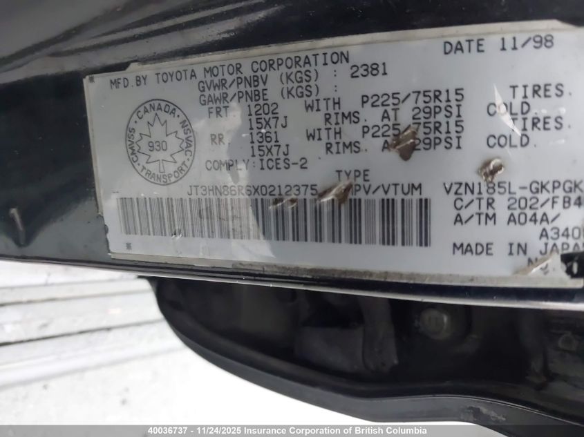 1999 Toyota 4Runner Sr5 VIN: JT3HN86R6X0212375 Lot: 40036737