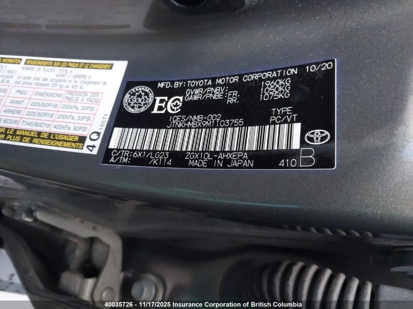 2021 Toyota C-Hr Xle/Le/Night Shade/Limited VIN: JTNKHMBX9M1103755 Lot: 40035726