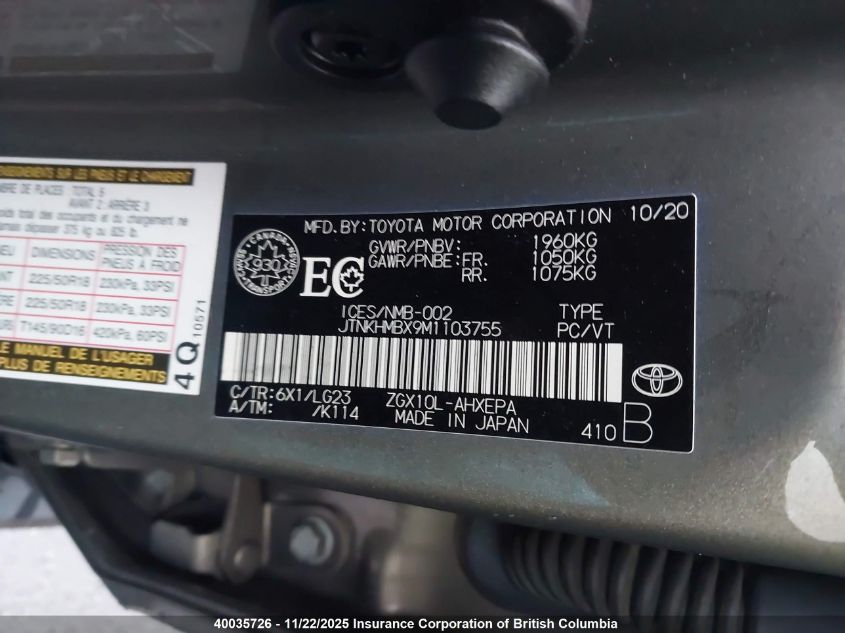 2021 Toyota C-Hr Xle/Le/Night Shade/Limited VIN: JTNKHMBX9M1103755 Lot: 40035726