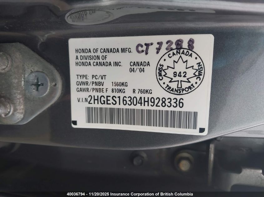 2004 Honda Civic VIN: 2HGES16304H928336 Lot: 40036794